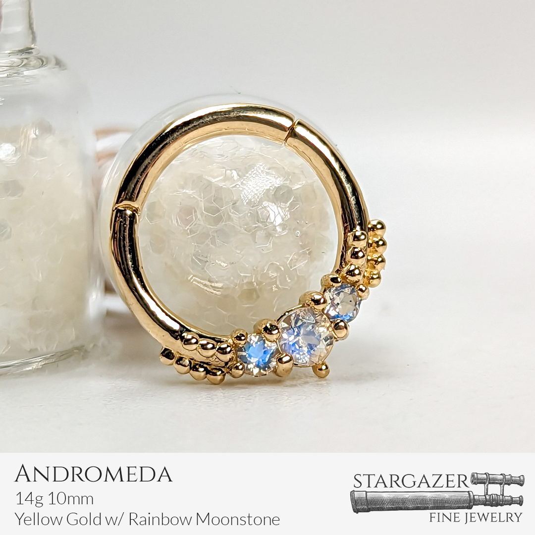 Andromeda - 14g 10mm, Yellow Gold with Rainbow Moonstone