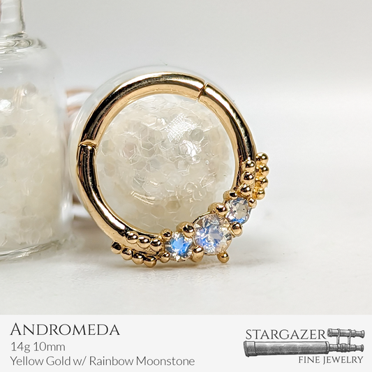 Andromeda - 14g 10mm, Yellow Gold with Rainbow Moonstone