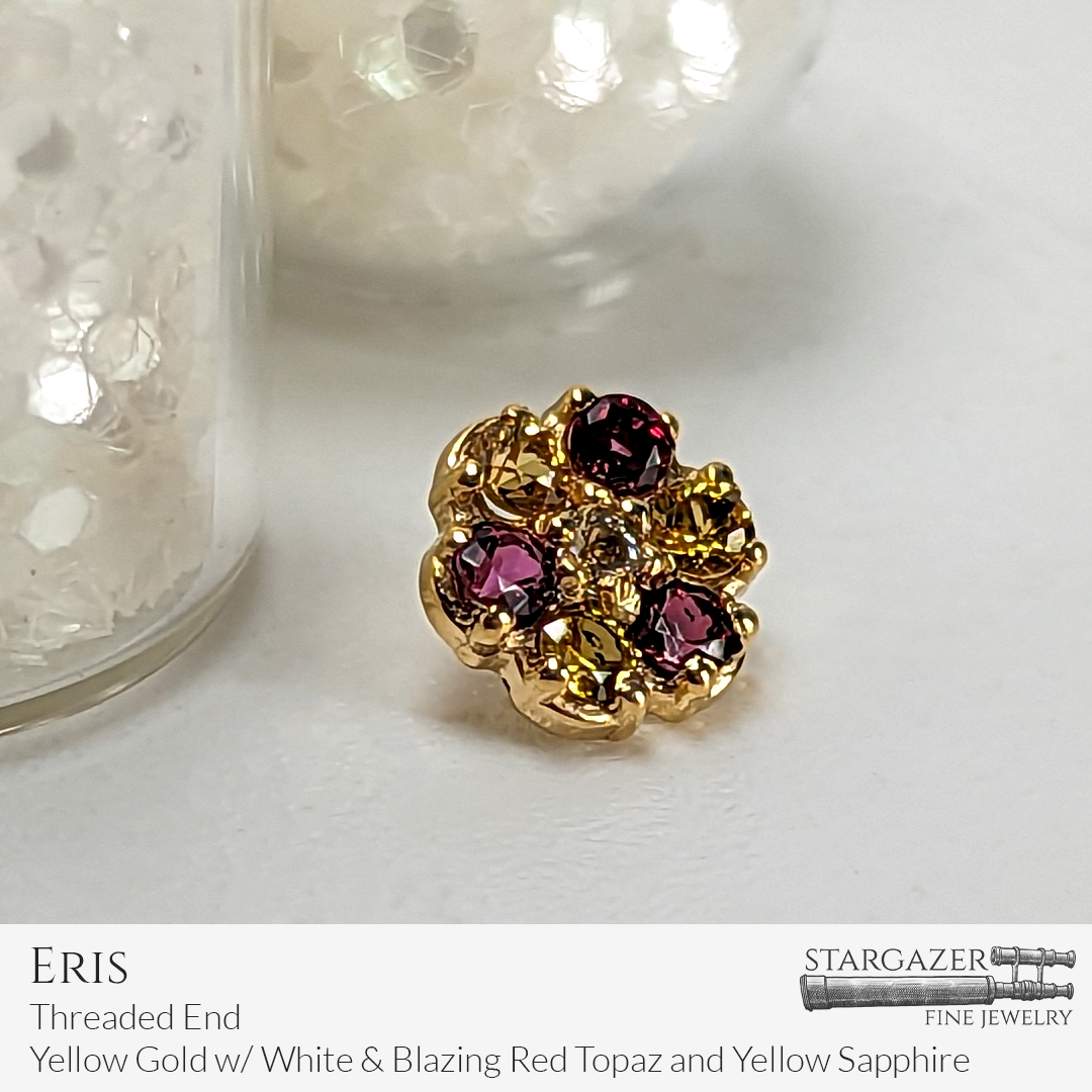 Eris - Threaded End, Yellow Gold with Blazing Red Topaz, Yellow Sapphire, & White Topaz