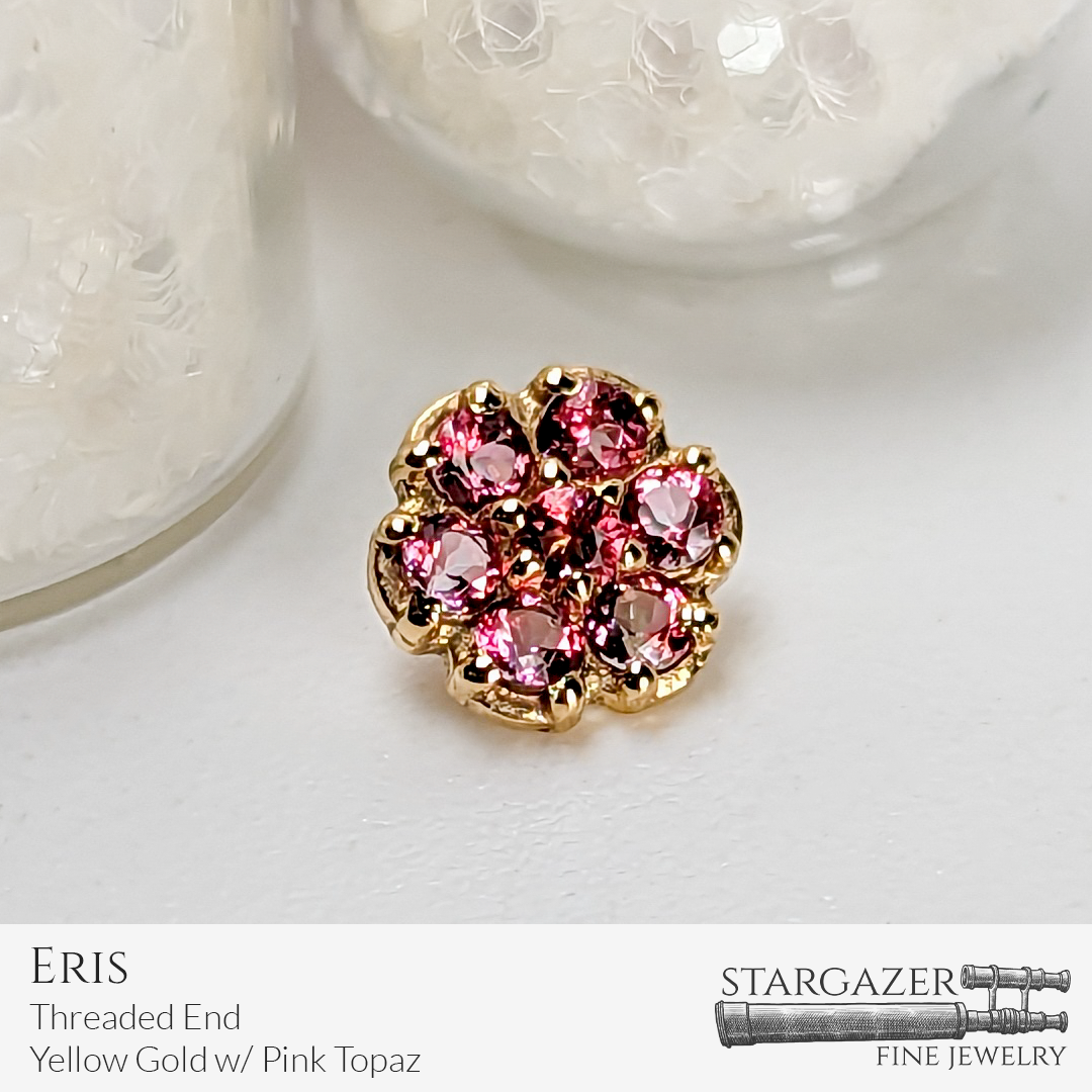 Eris - Threaded End, Yellow Gold with Pink Topaz