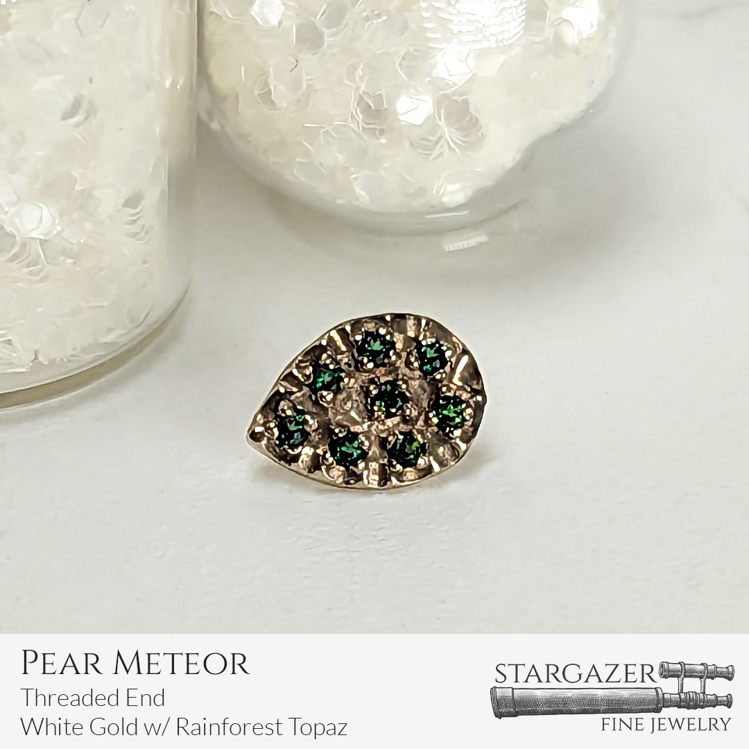 Pear Meteor - Threaded End, White Gold with Rainforest Topaz