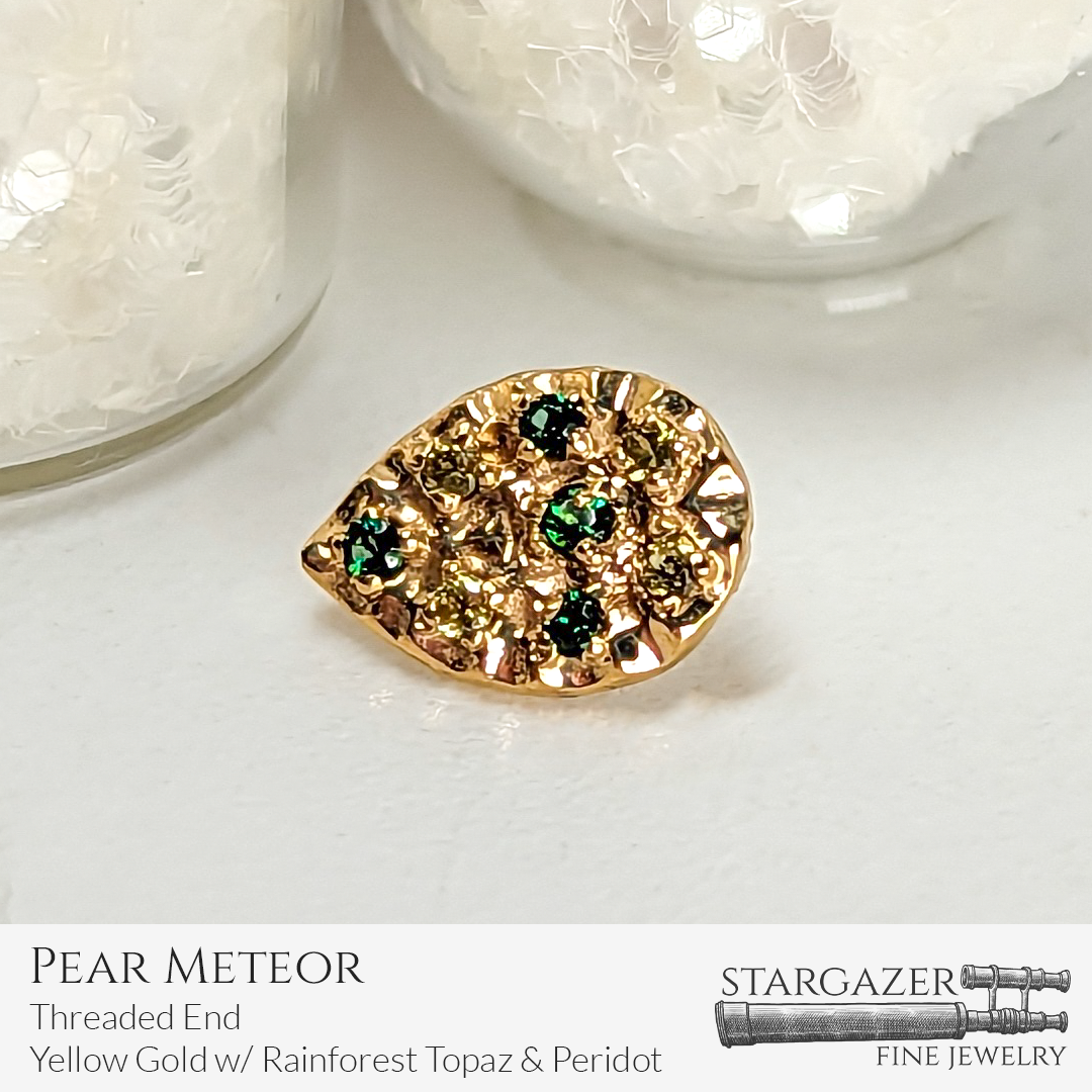 Pear Meteor - Threaded End,Yellow Gold with Rainforest Topaz and Peridot