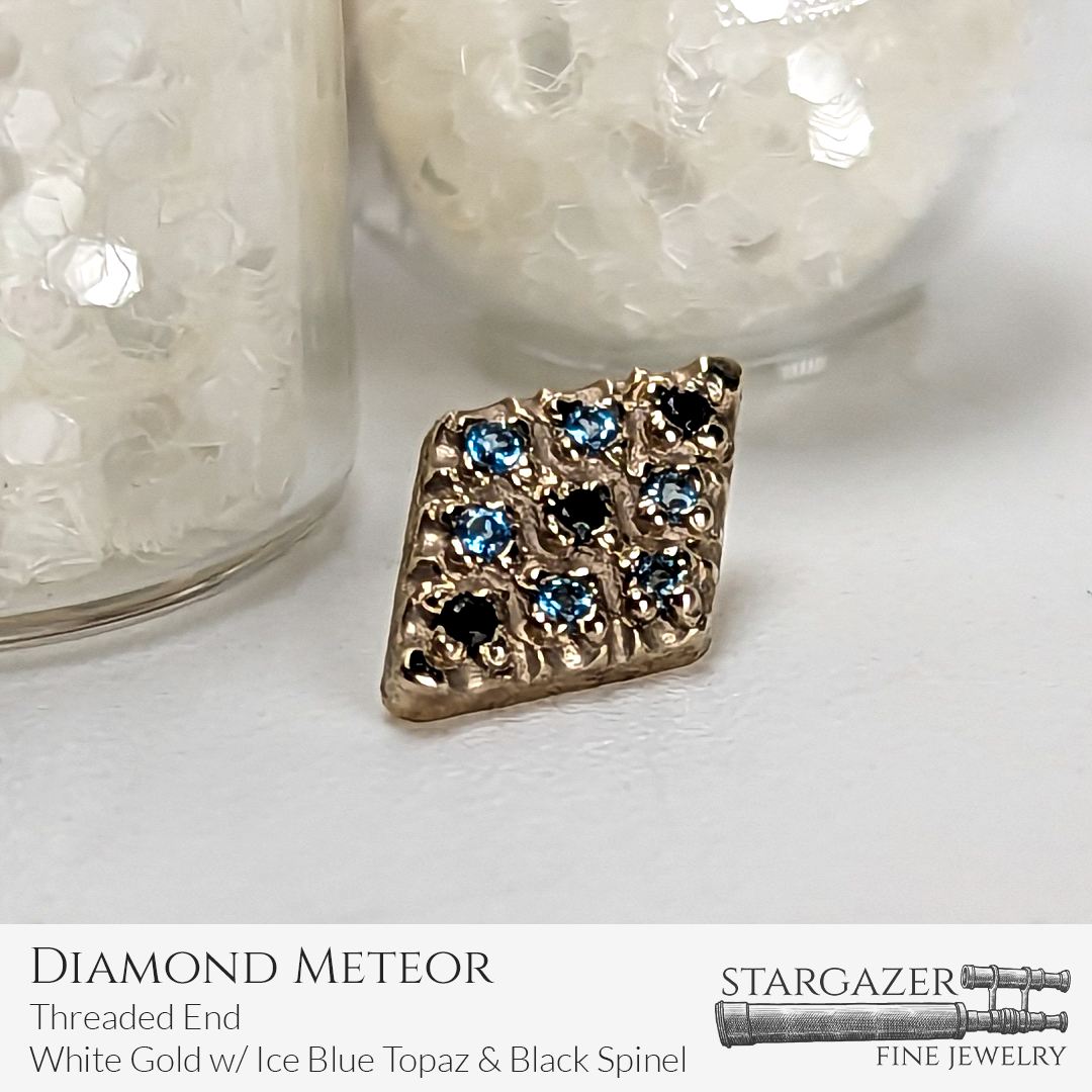 Rhombus Meteor - Threaded End, White Gold with Ice Blue Topaz & Black Spinel