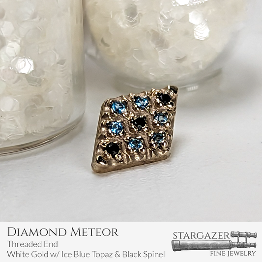 Rhombus Meteor - Threaded End, White Gold with Ice Blue Topaz & Black Spinel