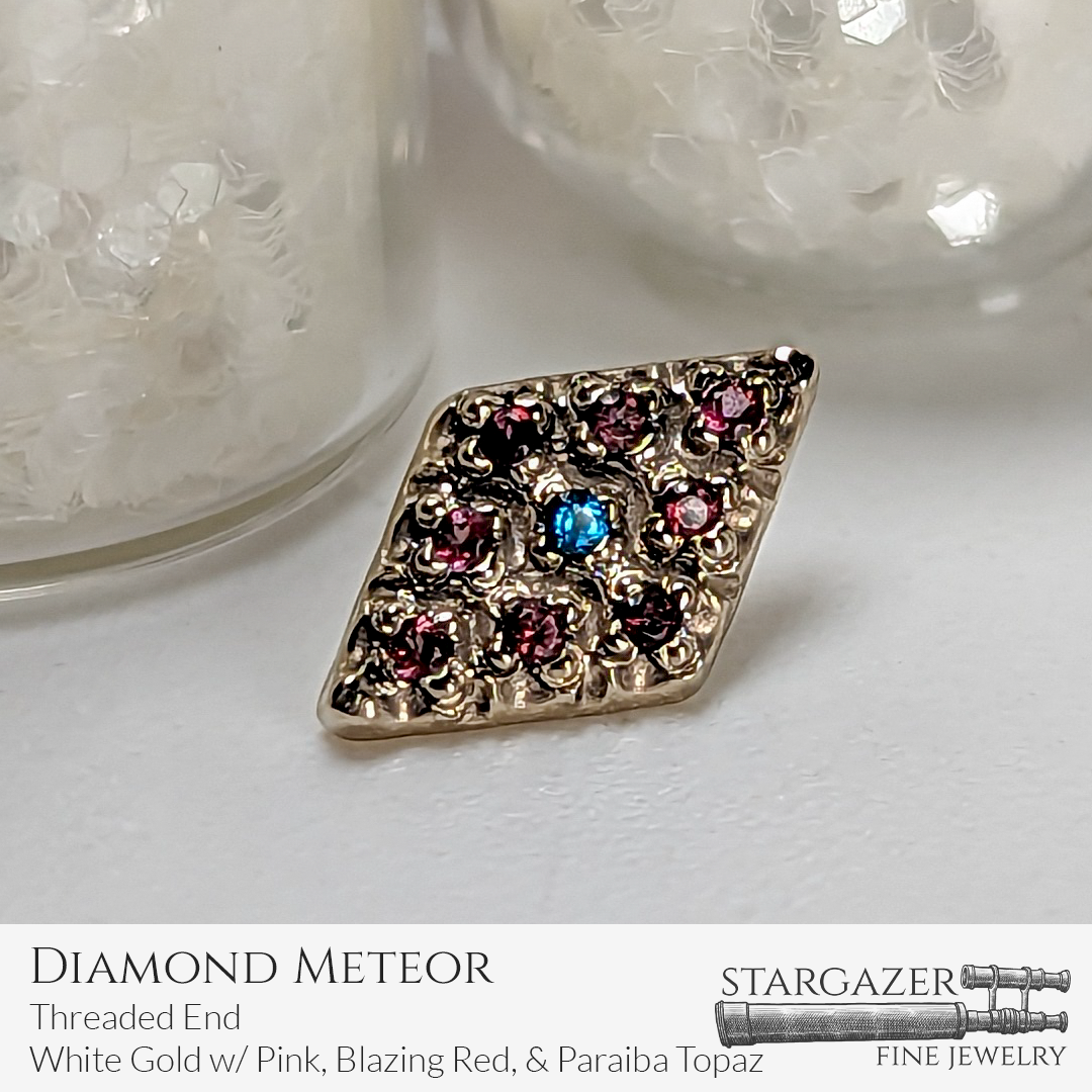 Rhombus Meteor - Threaded End, White Gold with Pink Topaz, Blazing Red Topaz, & Paraiba Topaz