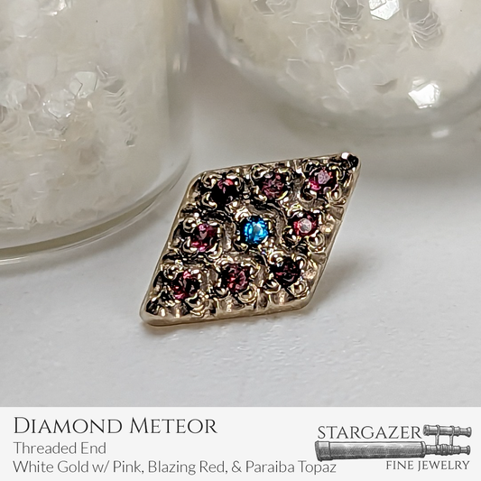 Rhombus Meteor - Threaded End, White Gold with Pink Topaz, Blazing Red Topaz, & Paraiba Topaz