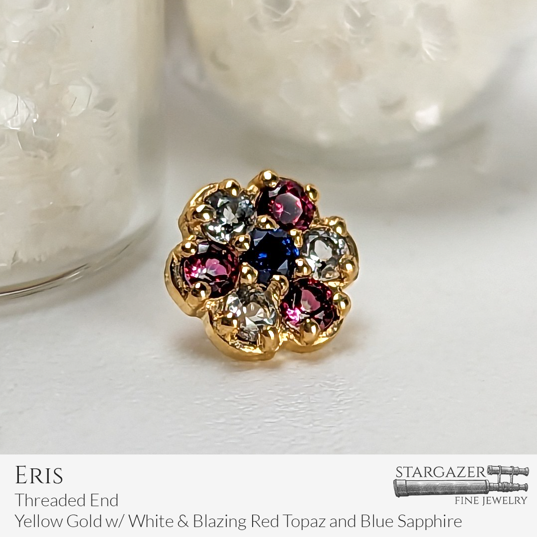 Eris - Threaded End, Yellow Gold with Blazing Red Topaz, White Topaz & Blue Sapphire