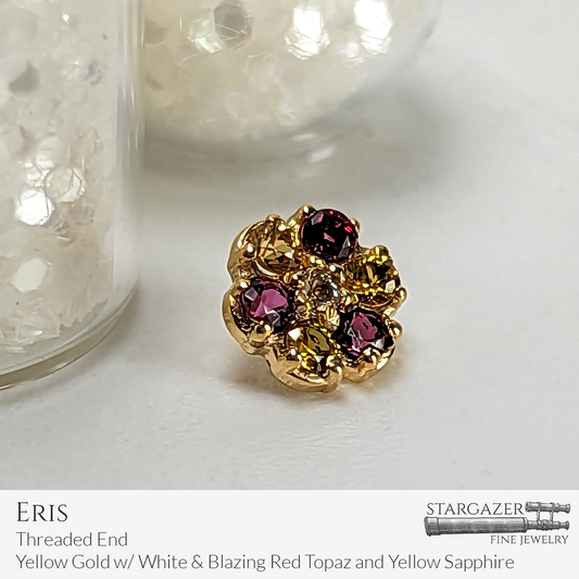 Eris - Threaded End, Yellow Gold with Blazing Red Topaz, Yellow Sapphire, & White Topaz