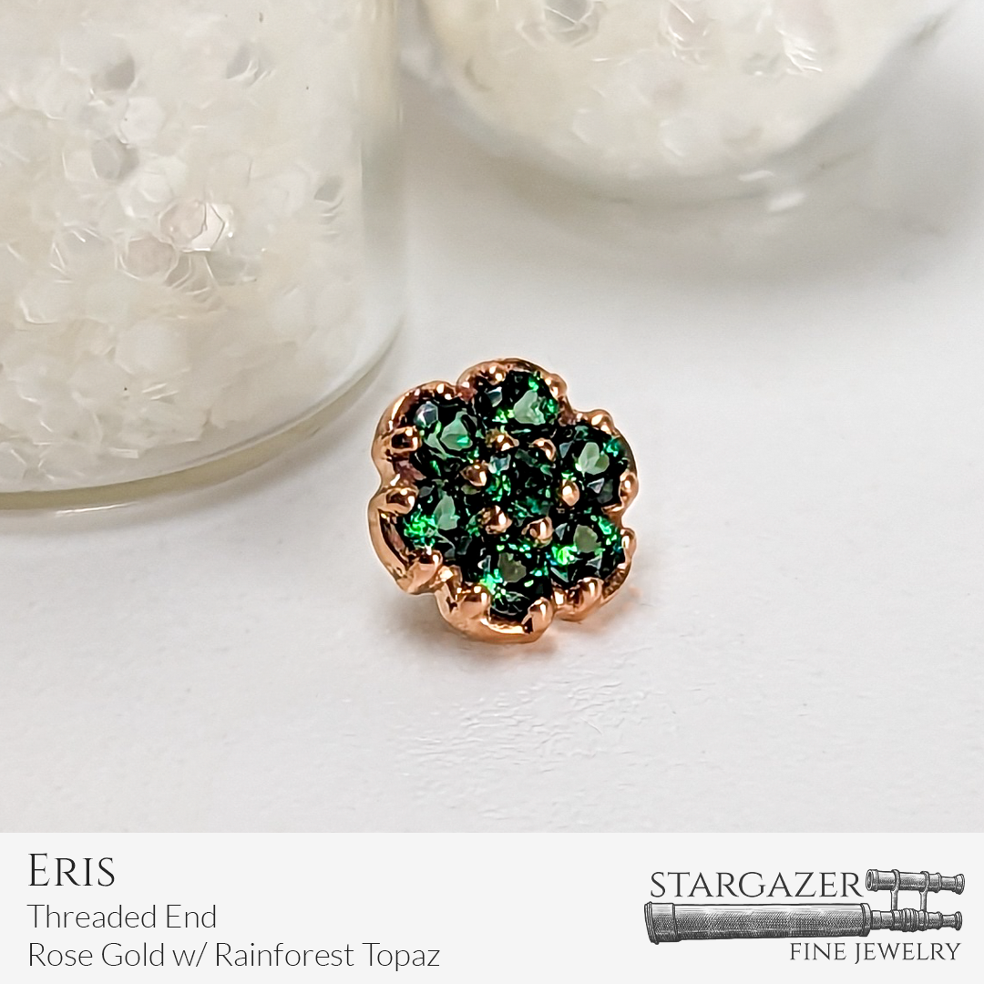 Eris - Threaded End, Rose Gold with Rainforest Topaz