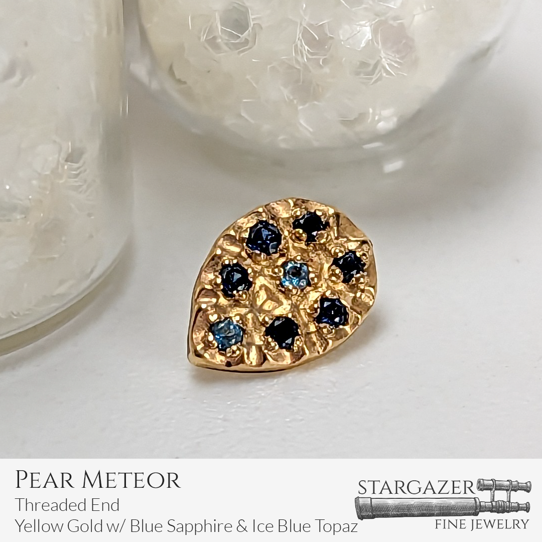 Pear Meteor - Threaded End, Yellow Gold with Blue Sapphire & Ice Blue Topaz