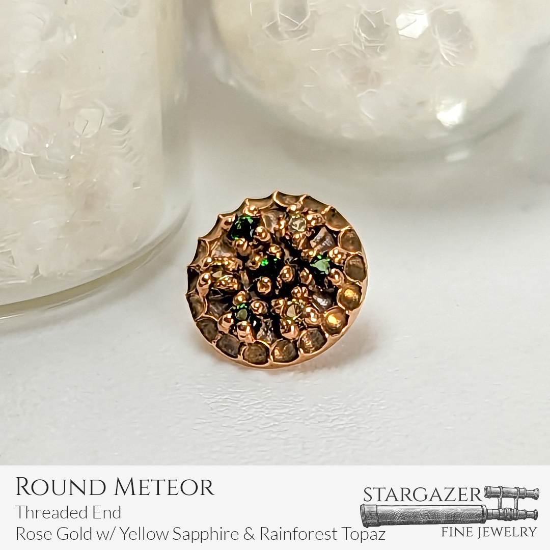 Round Meteor - Threaded End, Rose Gold with Rainforest Topaz & Yellow Sapphire