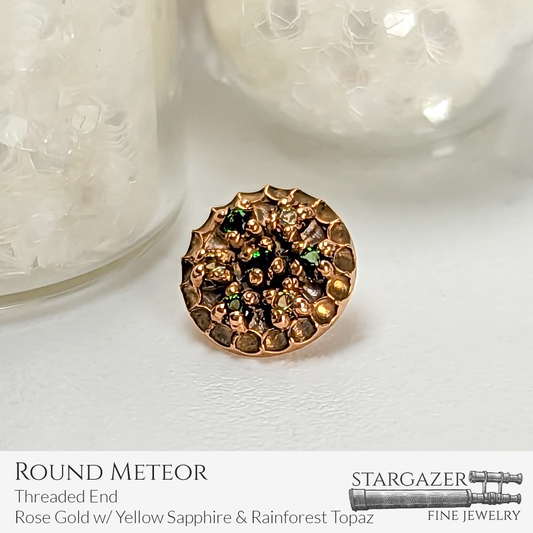 Round Meteor - Threaded End, Rose Gold with Rainforest Topaz & Yellow Sapphire