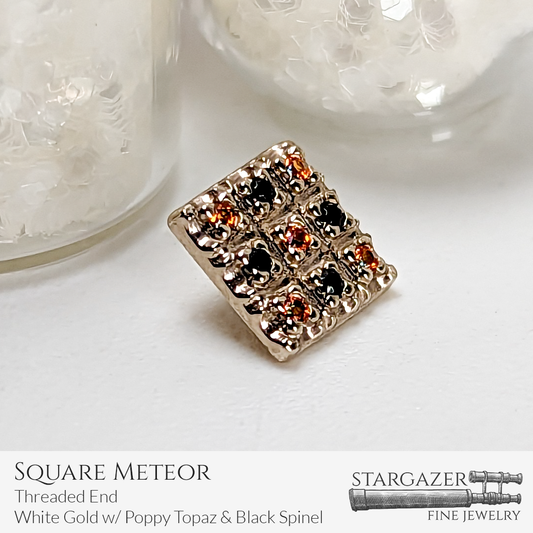 Square Meteor - Threaded End, White Gold with Poppy Topaz & Black Spinel