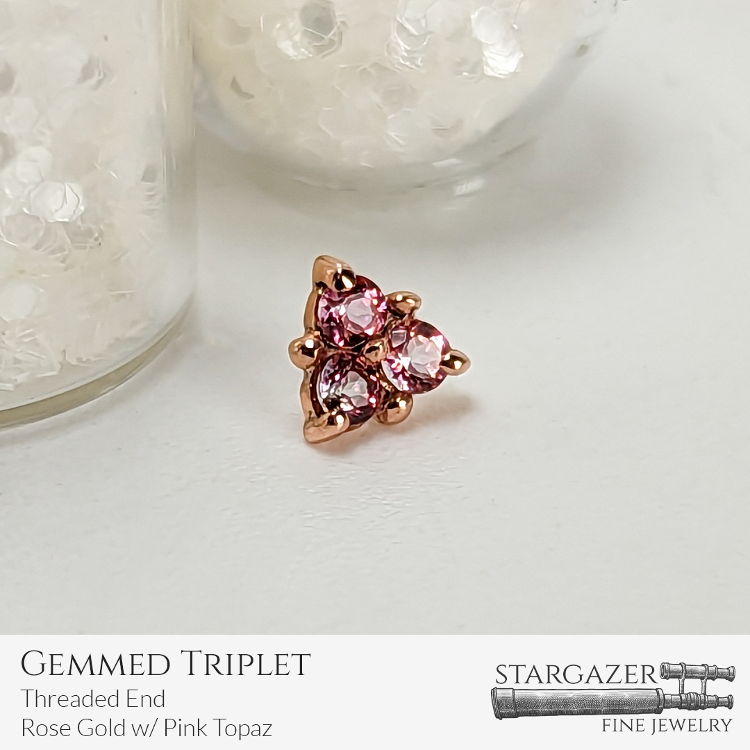 Gemmed Triplet Pink Topaz Rose Gold Threaded